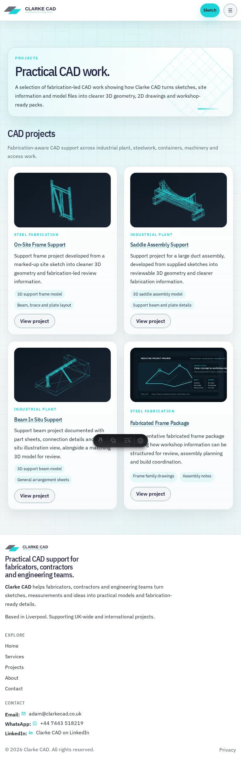 Clarke CAD project portfolio showing technical drawing case studies in a two-column layout