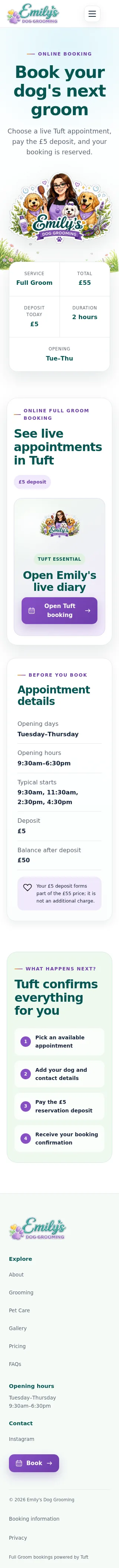 Emily's Pet Services mobile booking page explaining the service, price and Tuft booking process