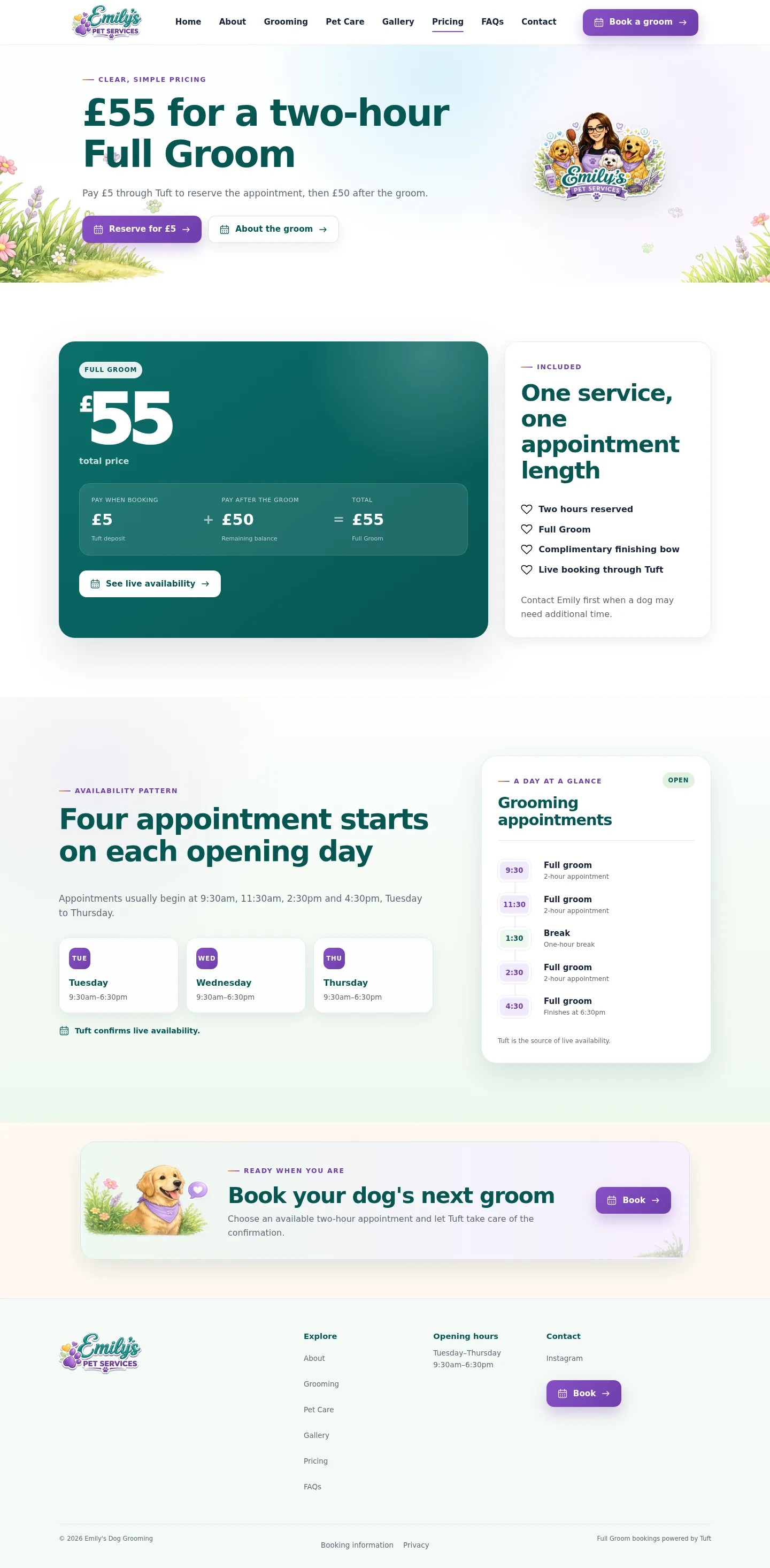 Emily's Pet Services pricing page showing the full groom price, availability pattern and booking call to action